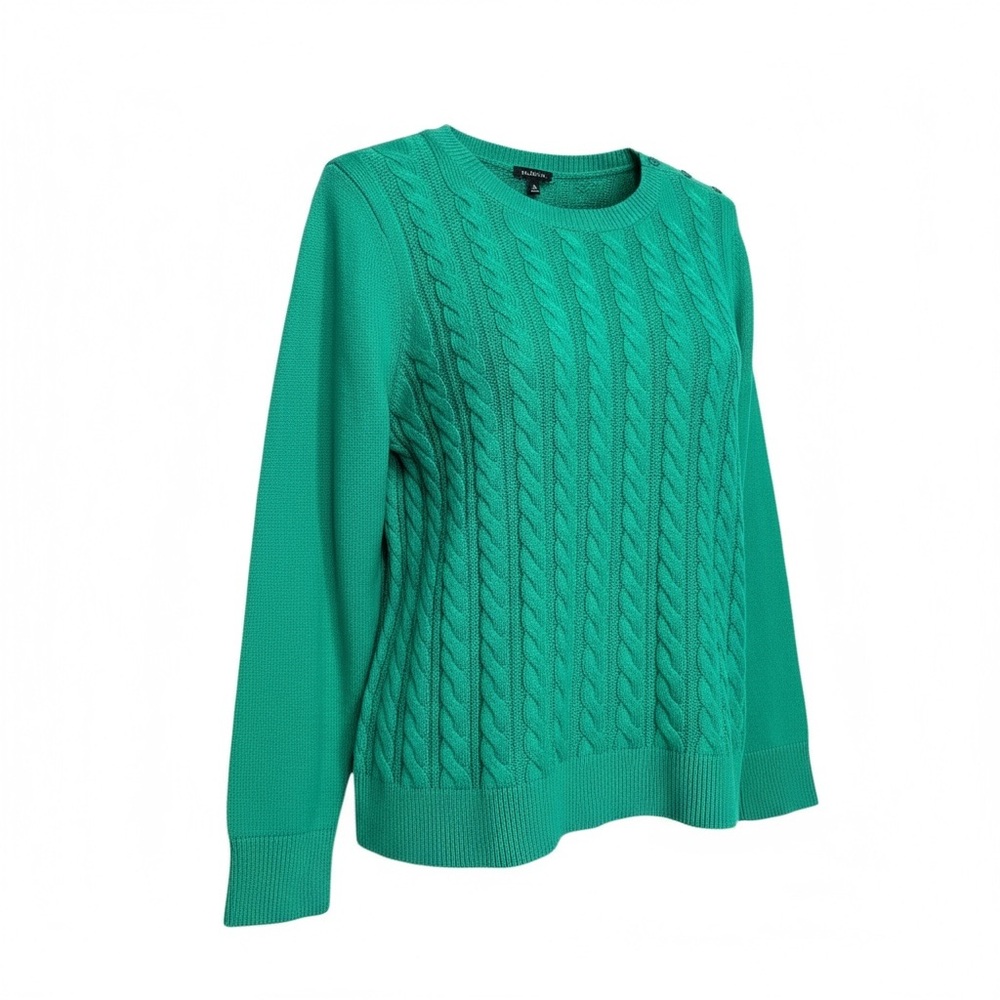 Talbots Soft Cable Knit Button‎ Shoulder Crewneck Sweater Verdant Green XL